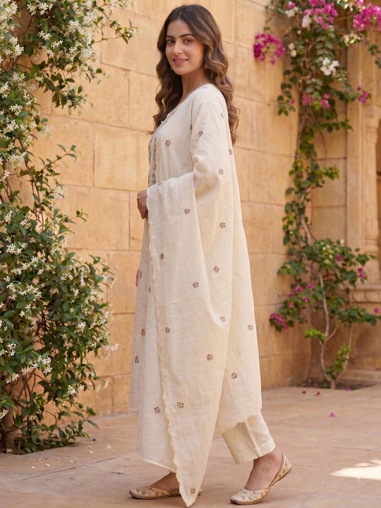 Floral Embroidered Thread Work Chanderi Cotton Kurta with Trousers & With Dupatta