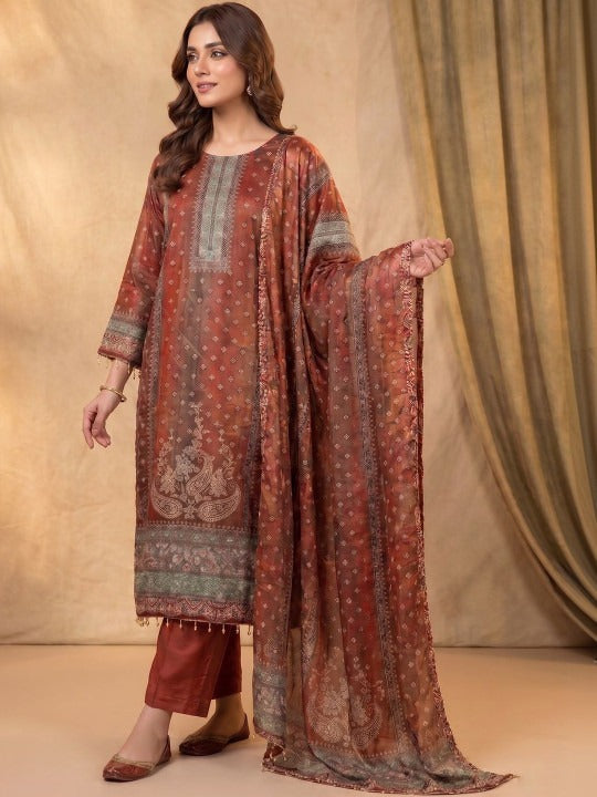 Women Ethnic Motifs Printed Regular Silk Crepe Kurta with Trousers & With Dupatta