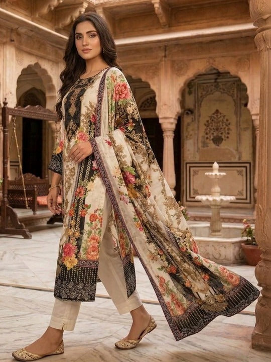 Women Ethnic Motifs Printed Regular Sequinned Pure Silk Kurta with Trousers & With Dupatta