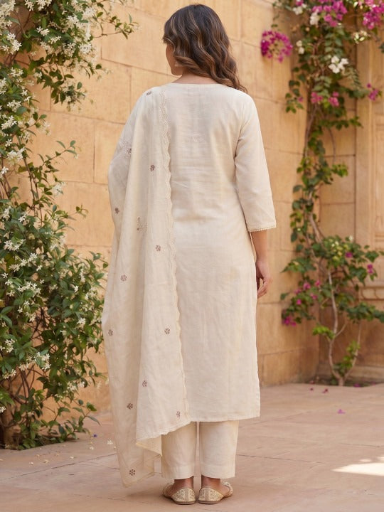 Floral Embroidered Thread Work Chanderi Cotton Kurta with Trousers & With Dupatta