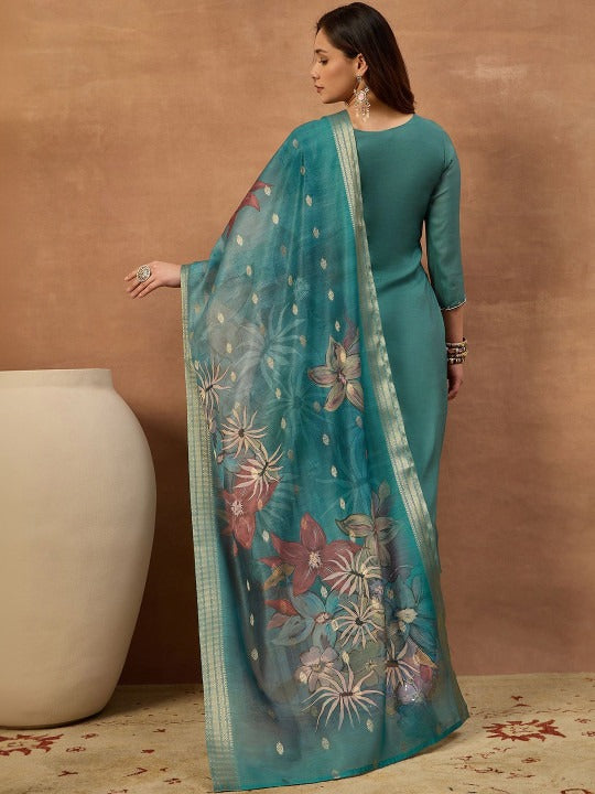 Women Floral Thread and Sequinned Embroidered Kurta & Trouser with Dupatta