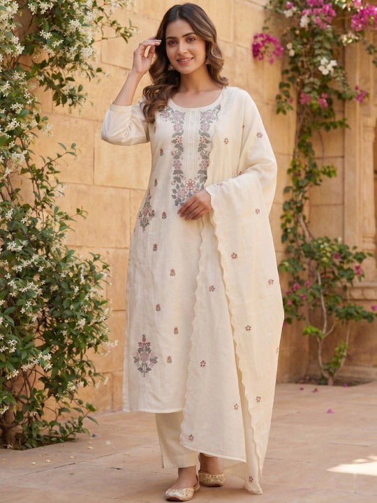 Floral Embroidered Thread Work Chanderi Cotton Kurta with Trousers & With Dupatta
