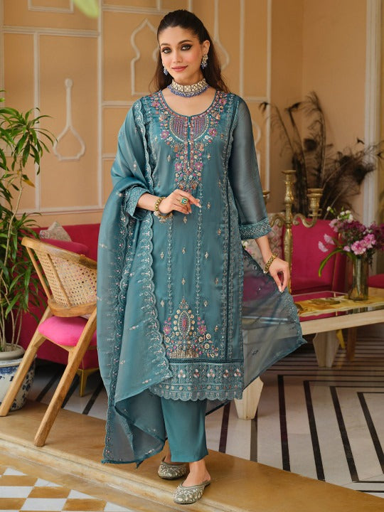 Blue Embroidered Straight Kurta Trousers Dupatta Set