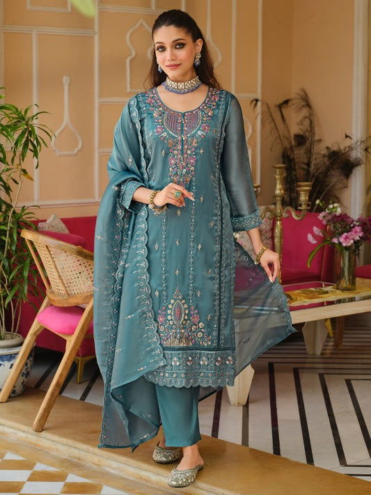 Blue Embroidered Straight Kurta Trousers Dupatta Set