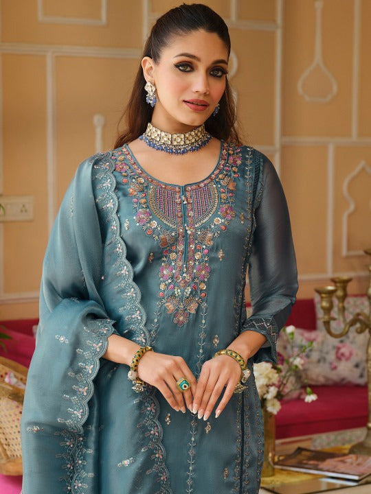 Blue Embroidered Straight Kurta Trousers Dupatta Set
