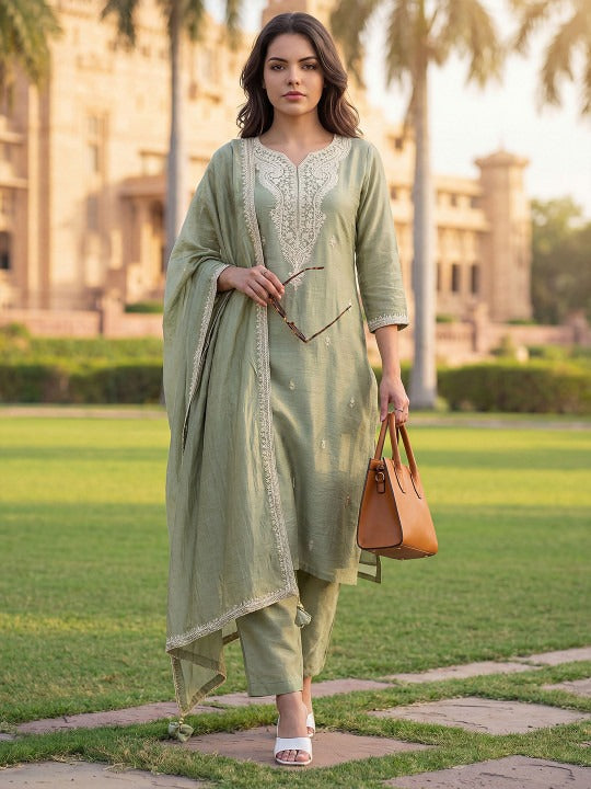 Women Ethnic Motifs Embroidered Regular Thread Work Kurta with Palazzos & With Dupatta