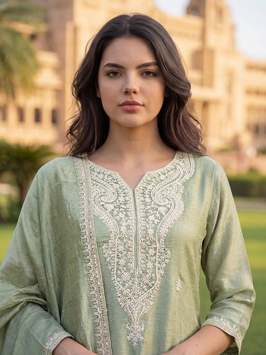 Women Ethnic Motifs Embroidered Regular Thread Work Kurta with Palazzos & With Dupatta