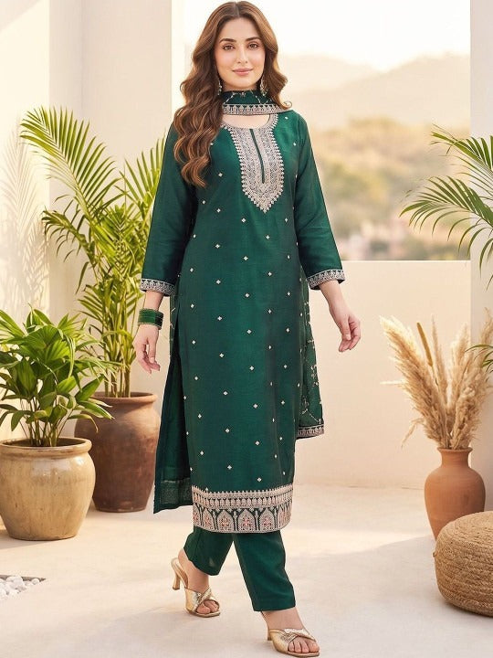 Women Ethnic Motifs Embroidered Regular Thread Work Kurta with Trousers & With Dupatta