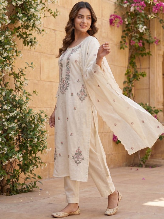 Floral Embroidered Thread Work Chanderi Cotton Kurta with Trousers & With Dupatta