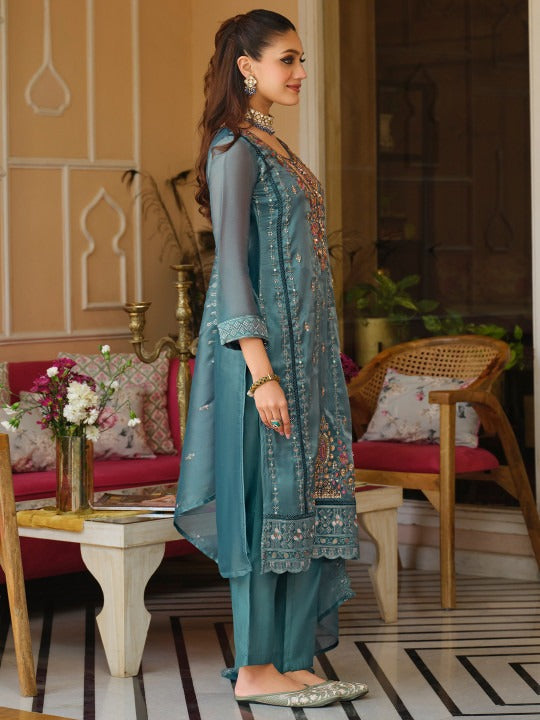 Blue Embroidered Straight Kurta Trousers Dupatta Set