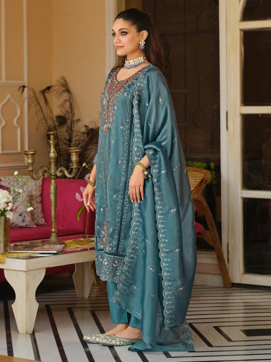 Blue Embroidered Straight Kurta Trousers Dupatta Set