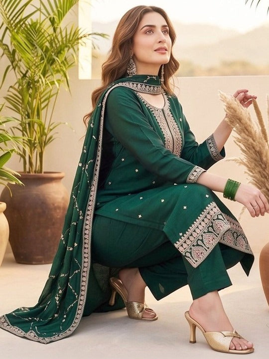 Women Ethnic Motifs Embroidered Regular Thread Work Kurta with Trousers & With Dupatta