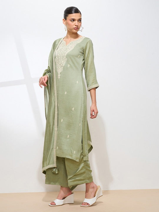 Women Ethnic Motifs Embroidered Regular Thread Work Kurta with Palazzos & With Dupatta
