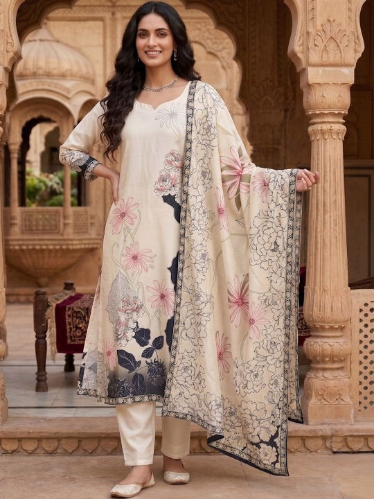 Women Floral Printed Regular Kurta with Trousers & With Dupatta