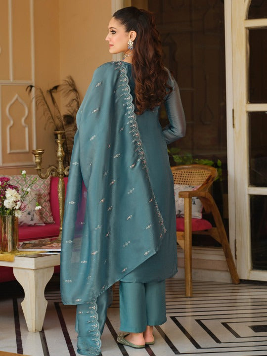 Blue Embroidered Straight Kurta Trousers Dupatta Set
