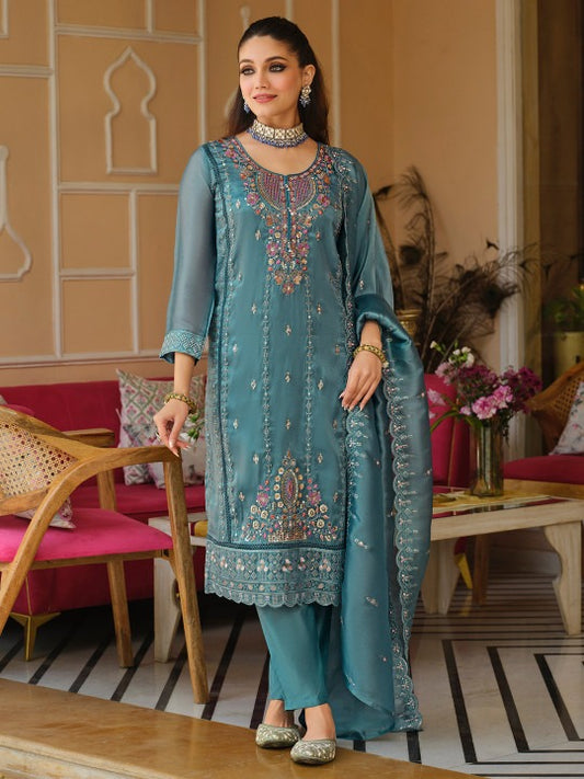 Blue Embroidered Straight Kurta Trousers Dupatta Set