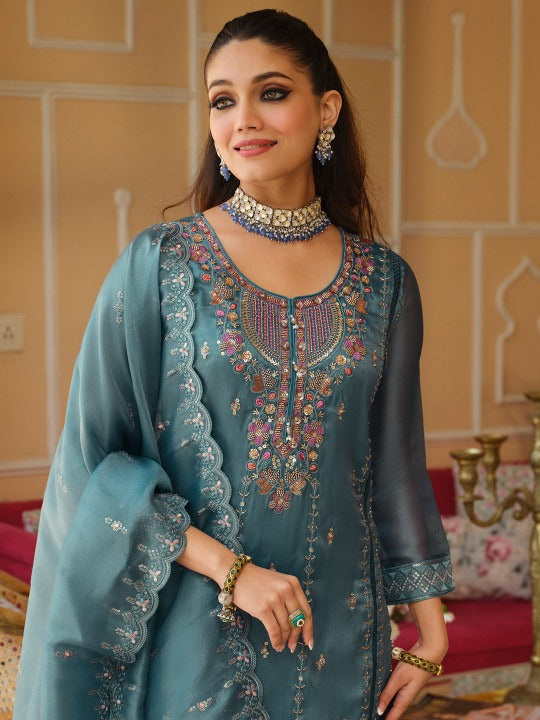 Blue Embroidered Straight Kurta Trousers Dupatta Set
