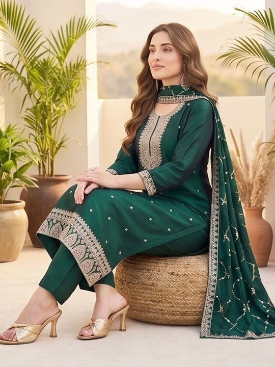 Women Ethnic Motifs Embroidered Regular Thread Work Kurta with Trousers & With Dupatta