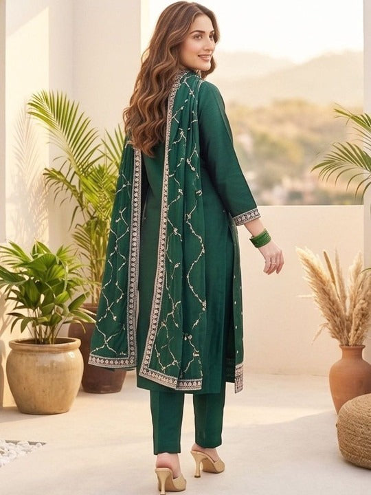 Women Ethnic Motifs Embroidered Regular Thread Work Kurta with Trousers & With Dupatta