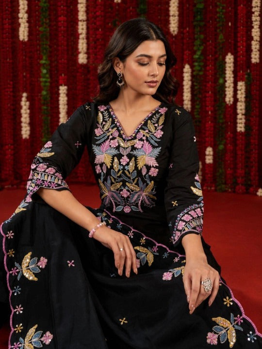 Women Floral Embroidered Regular Thread Work Pure Silk Kurta with Palazzos & With Dupatta