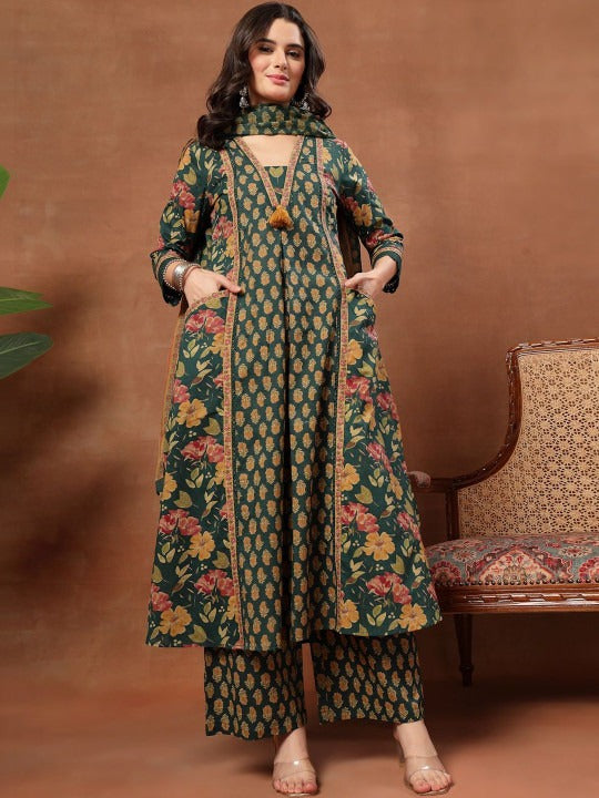 Women Floral Printed Regular Pure Cotton Kurta with Palazzos & With Dupatta