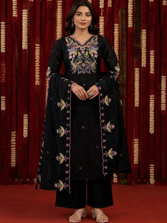 Women Floral Embroidered Regular Thread Work Pure Silk Kurta with Palazzos & With Dupatta