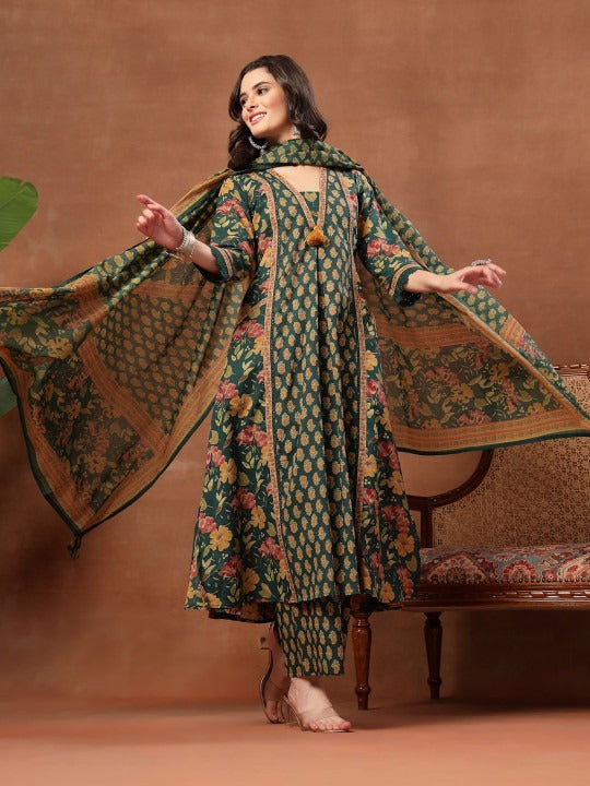 Women Floral Printed Regular Pure Cotton Kurta with Palazzos & With Dupatta