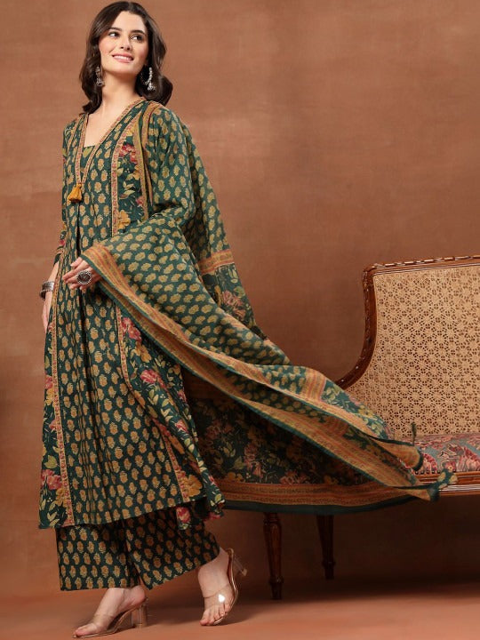 Women Floral Printed Regular Pure Cotton Kurta with Palazzos & With Dupatta