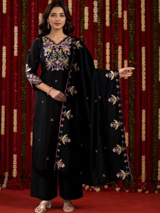 Women Floral Embroidered Regular Thread Work Pure Silk Kurta with Palazzos & With Dupatta