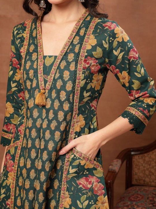 Women Floral Printed Regular Pure Cotton Kurta with Palazzos & With Dupatta