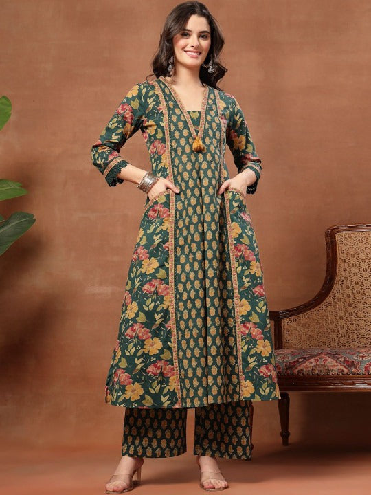 Women Floral Printed Regular Pure Cotton Kurta with Palazzos & With Dupatta
