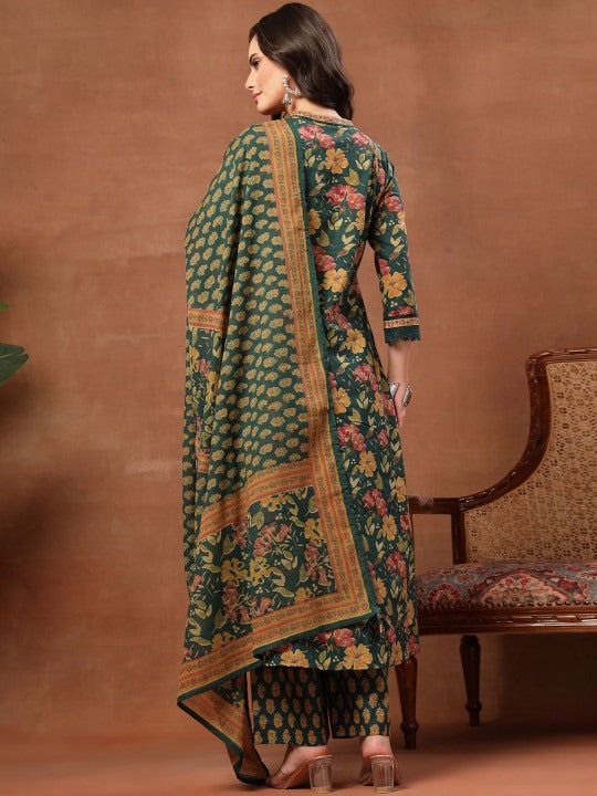 Women Floral Printed Regular Pure Cotton Kurta with Palazzos & With Dupatta