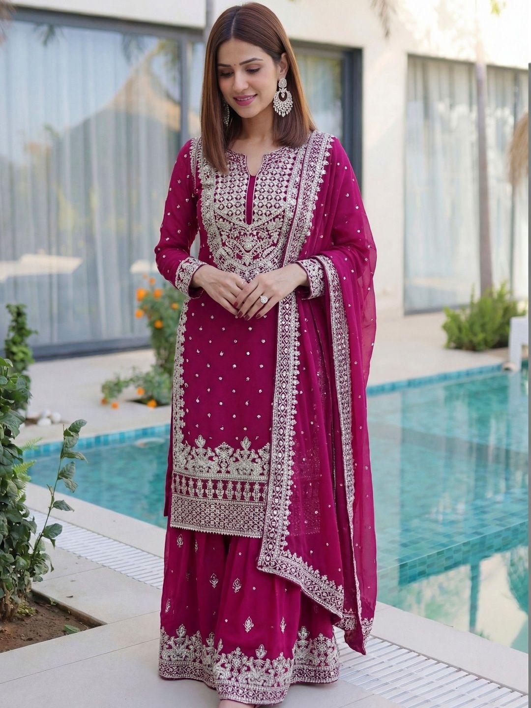 Embroidered Round Neck Straight Kurta & Sharara With Dupatta