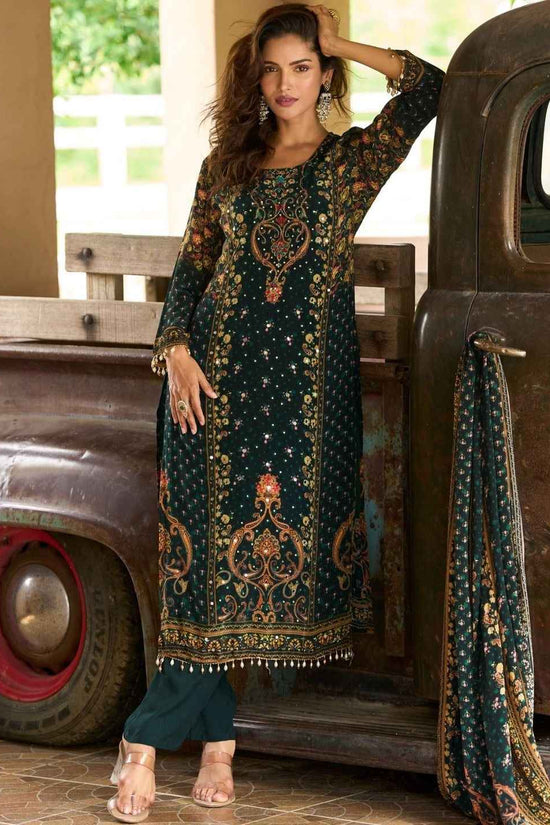 Women Ethnic Motifs Printed Regular Sequinned Silk Crepe Kurta with Trousers & With Dupatta