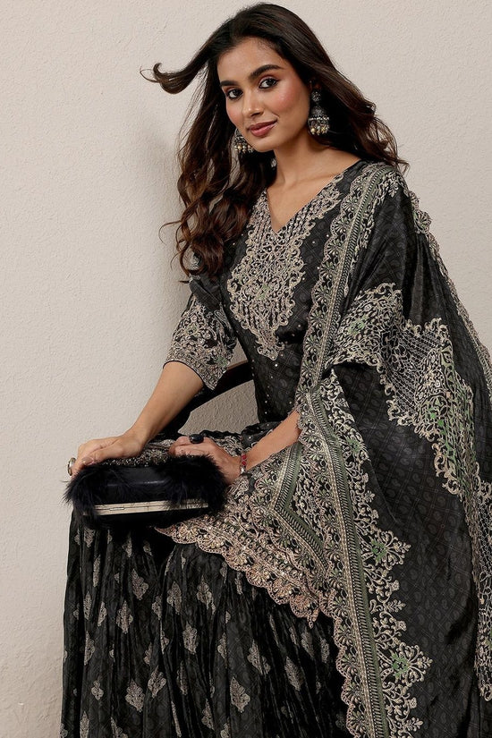 Women Ethnic Motifs Printed Regular Thread Work Silk Crepe Kurta with Sharara & With Dupatta