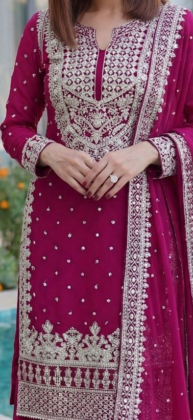 Embroidered Round Neck Straight Kurta & Sharara With Dupatta