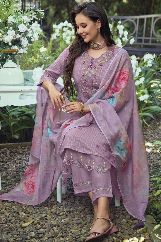 Lavender & Red Floral Embroidered Pure Cotton Kurta With Trousers & Dupatta