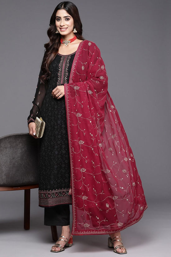 Floral Embroidered Regular Thread Work Georgette Kurta with Trousers & Dupatta