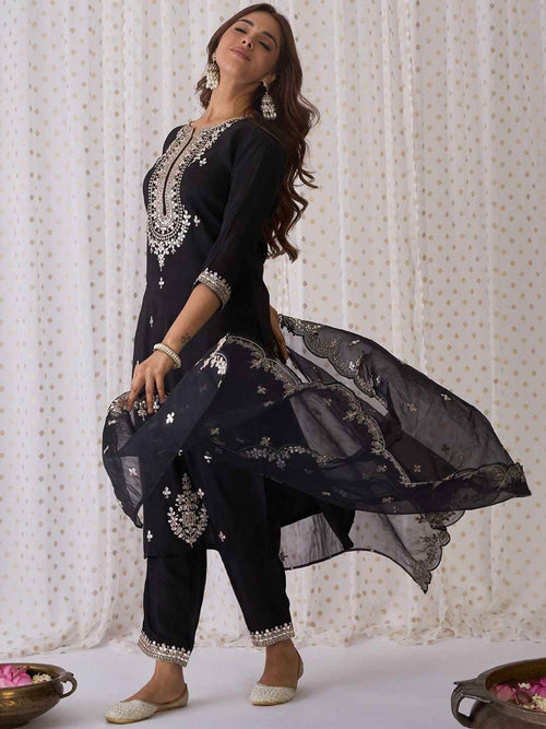 Ethnic Motifs Embroidered V-Neck Thread Work Kurta with Trousers & Dupatta