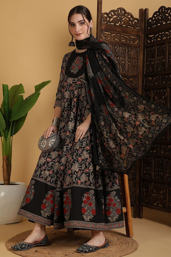 Floral Printed Anarkali Pure Cotton Kurta With Palazzos And Dupatta