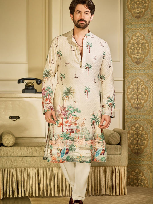 Ethnic Motifs Printed Mandarin Collar Sequinned Straight Kurtas