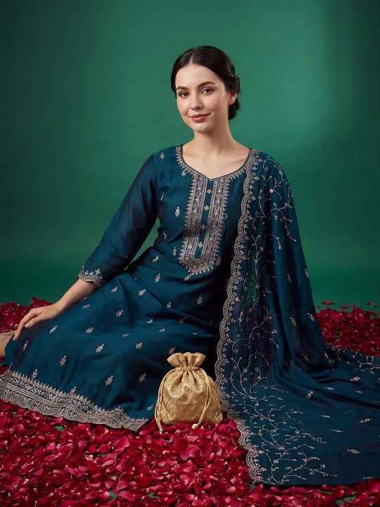 Women Ethnic Motifs Embroidered Regular Thread Work Kurta with Trousers & With Dupatta