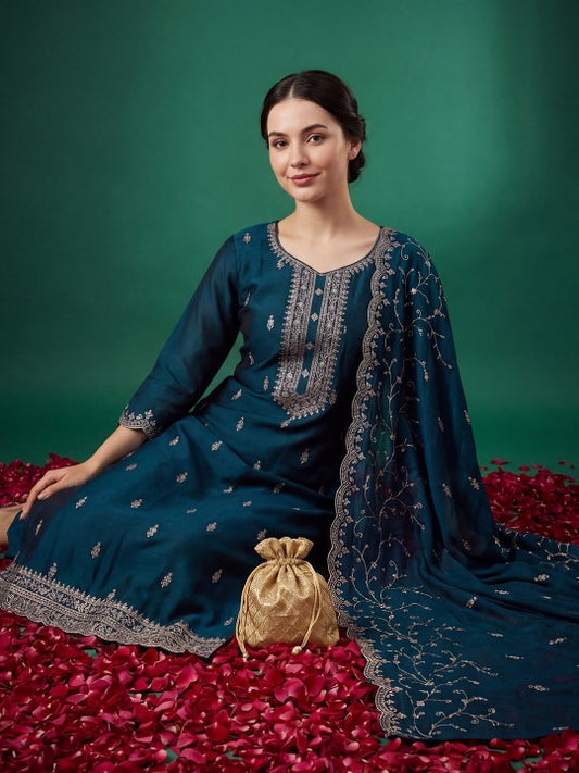 Women Ethnic Motifs Embroidered Regular Thread Work Kurta with Trousers & With Dupatta