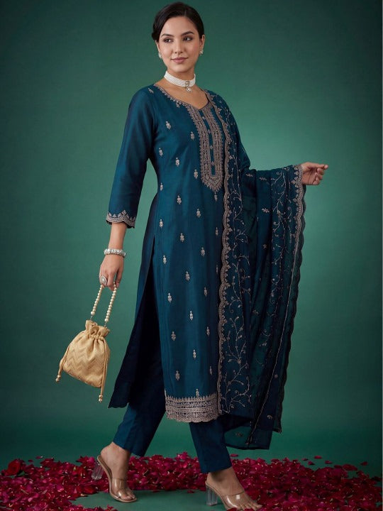 Women Ethnic Motifs Embroidered Regular Thread Work Kurta with Trousers & With Dupatta
