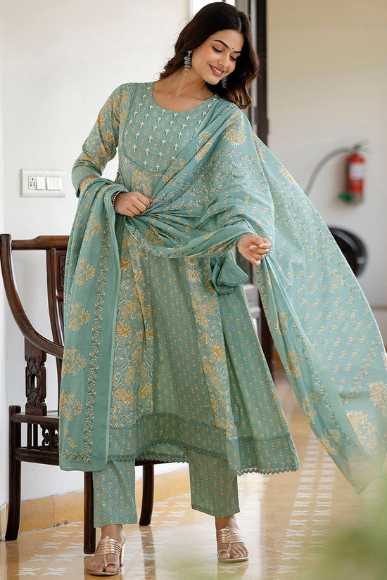 Green Floral Printed Panelled Pure Cotton Anarkali Kurta With Trousers & Dupatta