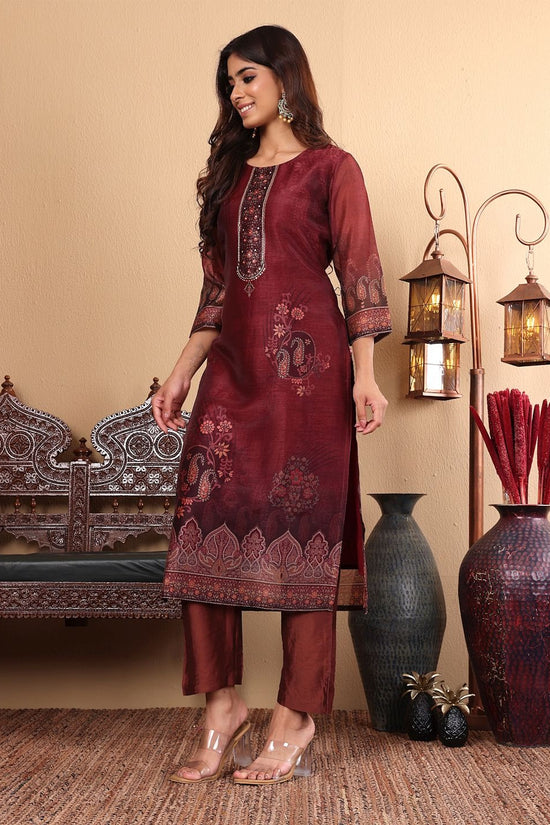 Floral Printed Sequinned Chanderi Silk Straight Kurta with Trousers & Dupatta