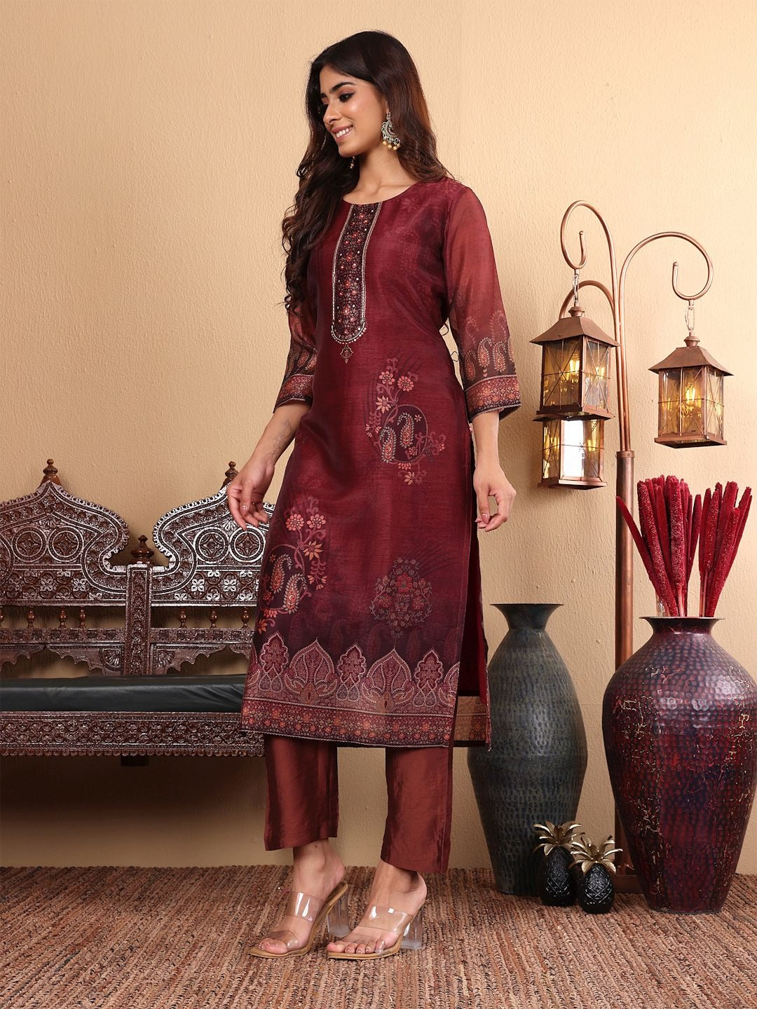 Floral Printed Sequinned Chanderi Silk Straight Kurta with Trousers & Dupatta