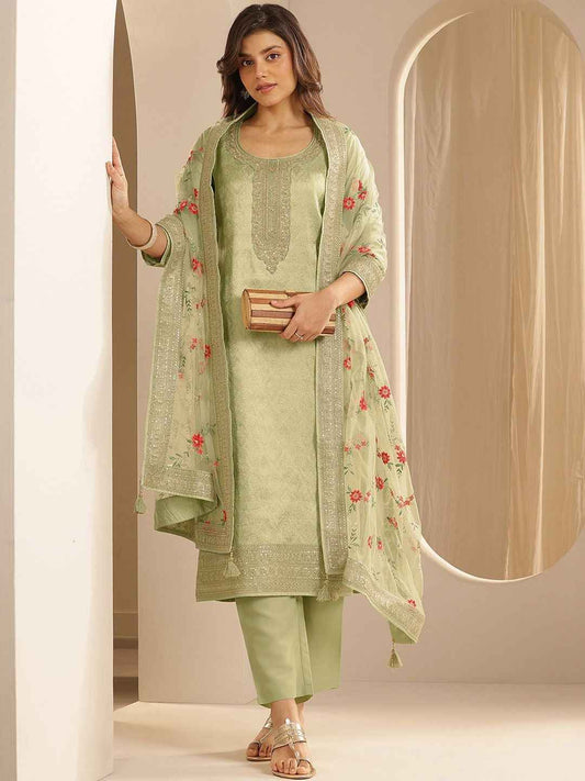 Floral Woven Design Zari Straight Kurta With Trousers And Dupatta