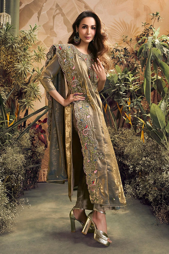 Women Floral Embroidered Zari Straight Crushed Organza Kurta Set