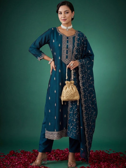 Women Ethnic Motifs Embroidered Regular Thread Work Kurta with Trousers & With Dupatta